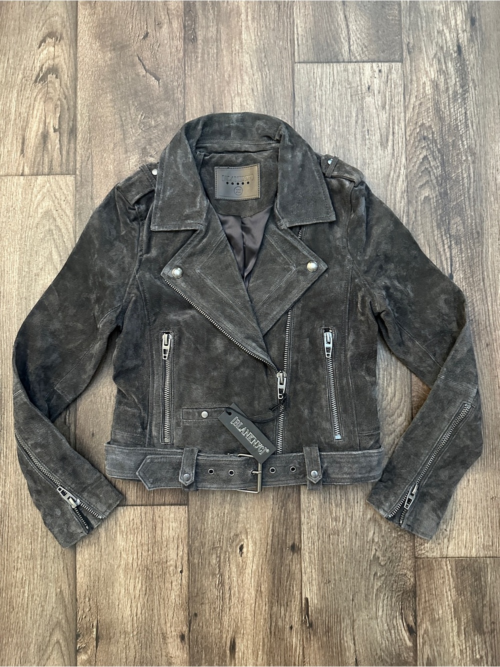 Blank NYC Suede Leather Belted Zip Moto‎ Jacket Women’s XS Grey